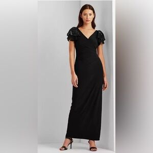 Lauren Ralph Lauren Black Flutter Sleeve Evening Dress Size 14